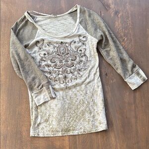Miss Me Gray Graphic Fitted Long Sleeve Top